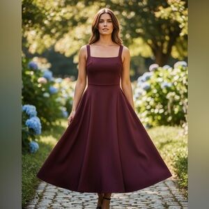Wine Square-Neck Maxi Dress — Fit & Flare — Size L